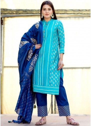 Readymade Blue Foil Printed Salwar Kameez In Chanderi