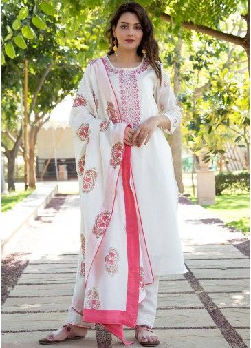 White Readymade Hand Embroidered Chanderi Suit