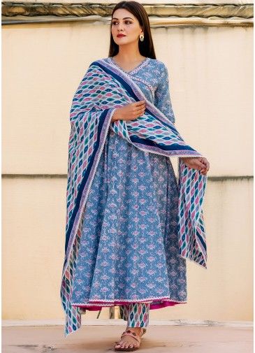 Blue Cotton Readymade Block Print Anarkali Suit