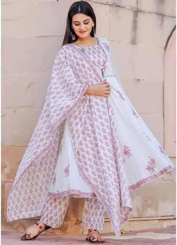 White Floral Block Printed Readymad Anarkali Suit
