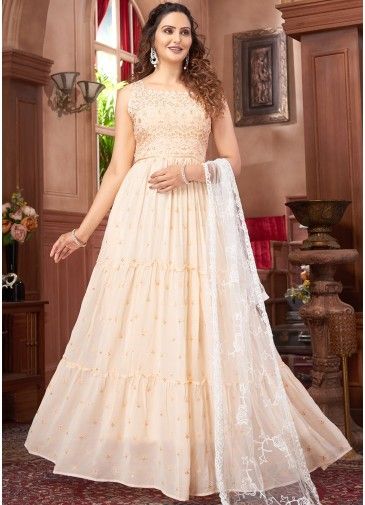 Peach Embroidered Readymade Anarkali Georgette Suit