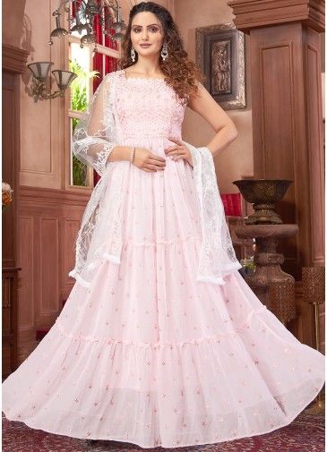 Readymade Pink Embroidered Anarkali Georgette Suit