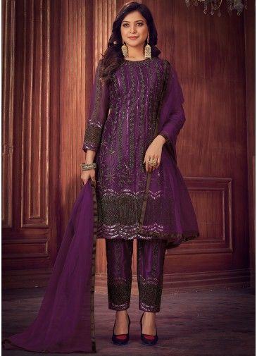 Purple Dori Embroidered Pant Style Suit In Net