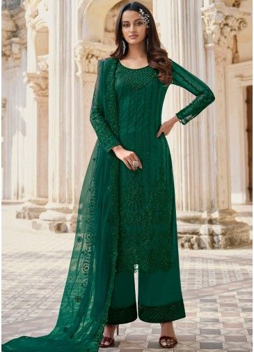 Green Pant Style Salwar Suit With Embroidery