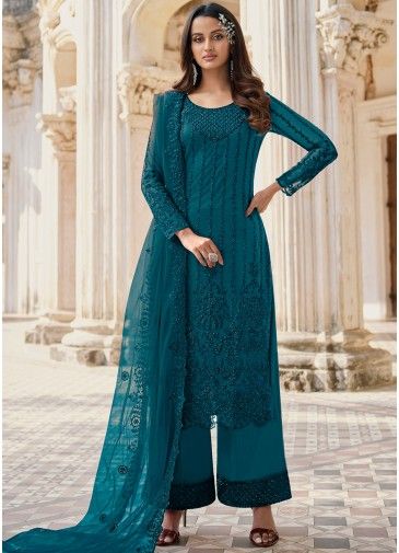 Blue Pant Style Salwar Suit With Embroidery