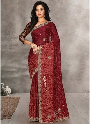 Red Georgette Brasso Saree With Blouse