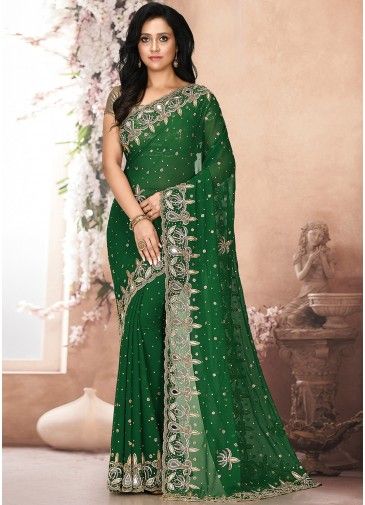 Green Embroidered Georgette Saree With Blouse