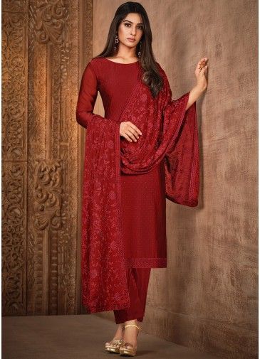 Embroidered Dupatta With Maroon Georgette Pant Suit 