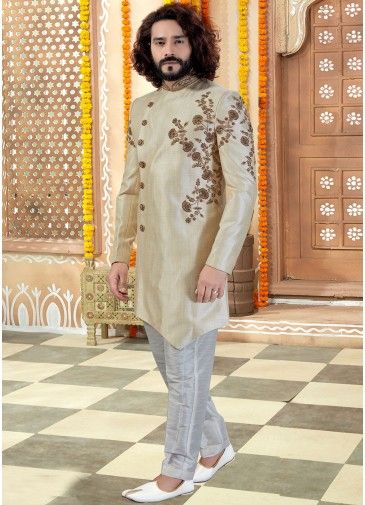 Cream Embroidered Asymmetric Sherwani Trouser Set