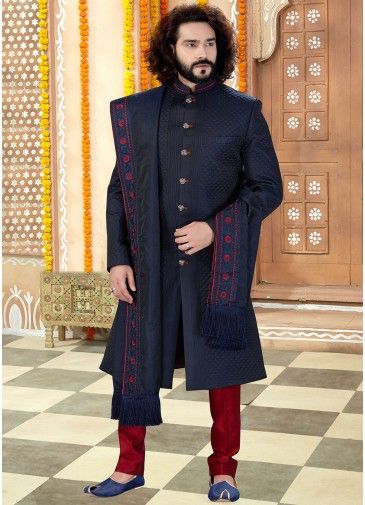 Navy Blue Readymade Art Silk Sherwani With Trouser