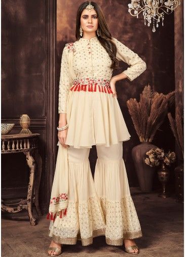 Readymade Off White Sequined Gharara Suit