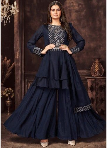 Blue Readymade Embroidered Sharara Suit Set