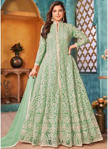 Green Embroidered Slitted Anarkali Suit
