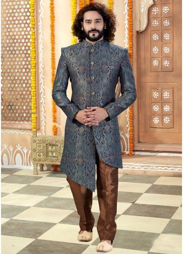 Blue Woven Asymmetric Readymade Sherwani With Trouser