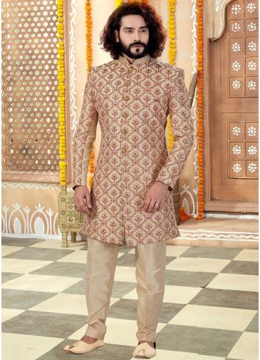 Golden Embroidered Readymade Sherwani With Trouser