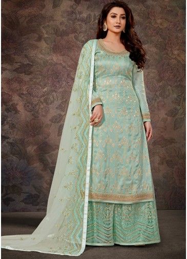 Turquoise Embroidered Art Silk Sharara Suit
