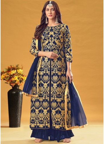 Blue Zari Embroidered Georgette Suit With Slit