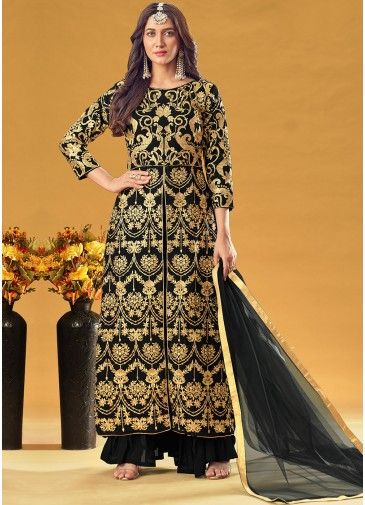 Black Zari Embroidered Georgette Suit With Slit