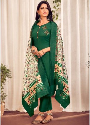 Green Cotton Readymade Pant Style Salwar Suit