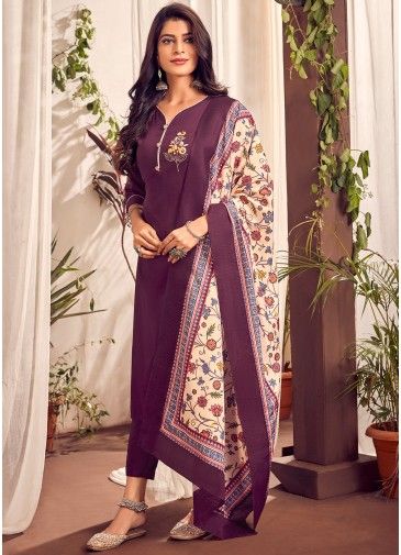 Purple Readymade Pant Style Cotton Salwar Suit