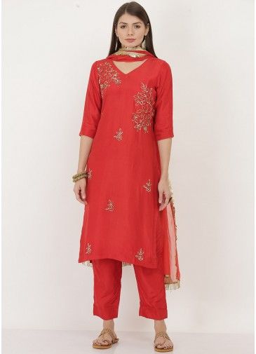Readymade Red Sequins Embroidered Pant Suit Set
