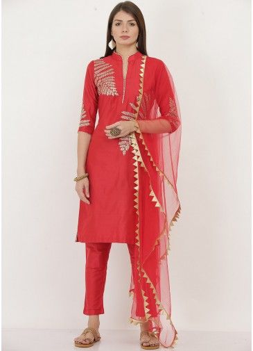 Red Readymade Dori Embroidered Pant Style Suit