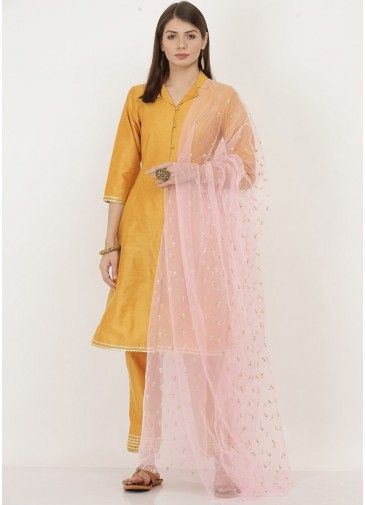 Readymade Yellow Pant Suit In Lace Work