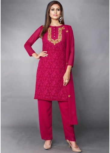 Pink Embroidered Straight Cut Georgette Pant Suit