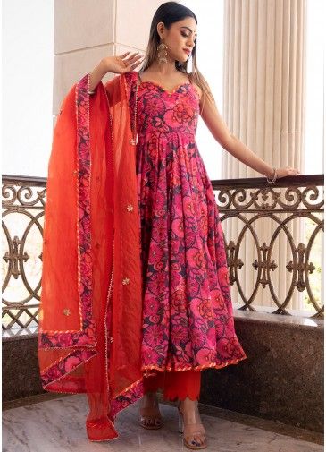 Readymade Orange Floral Printed Chiffon Anarkali Suit