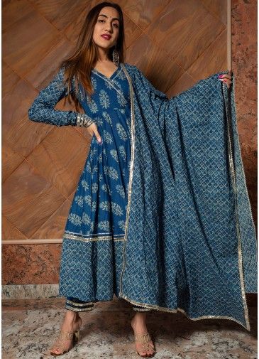 Readymade Blue Hand Block Printed Anarkali Style Suit