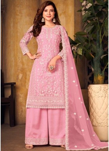 Pink Embroidered Net Palazzo Suit With Dupatta