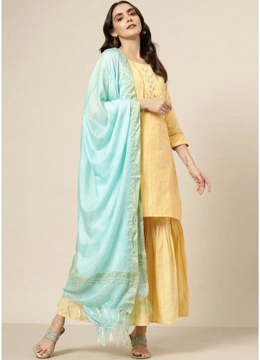 Readymade Yellow Cotton Embroidered Sharara Set