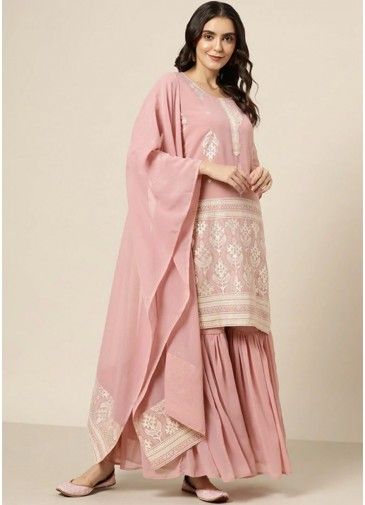Readymade Pink Gharara Style Suit In Foil Print