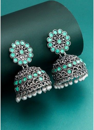 Green & Silver Oxidised Jhumka Earrings
