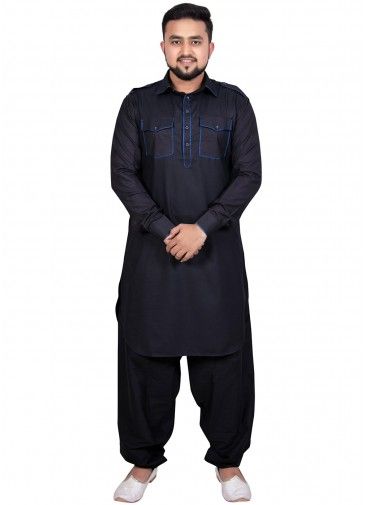 Black Cotton Readymade Pathani Suit