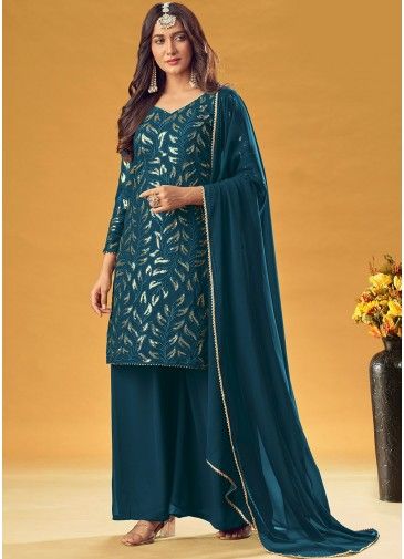 Blue Sequined Palazzo Suit With Dupatta