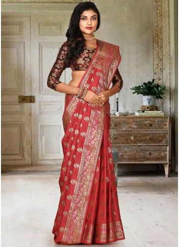 Red Zari Woven Saree With Blouse