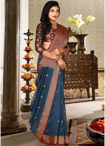 Blue Banarasi Silk Saree In Woven Design