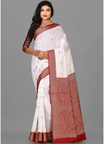 White Woven Saree In Banarasi Silk
