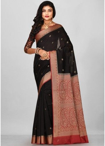 Black Woven Banarasi Silk Saree With Blouse