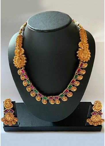 Stone Studded Golden Traditional Necklace Set