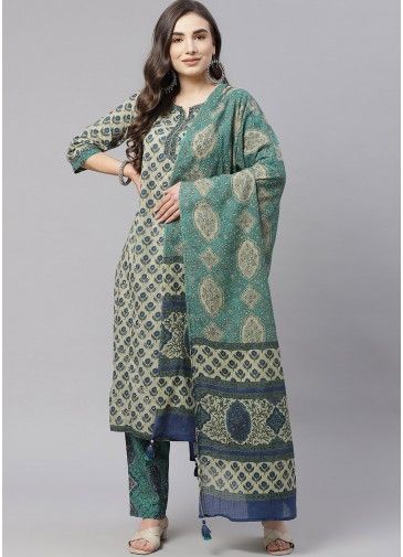 Grey Cotton Printed Readymade Suit Set