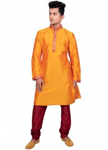 Orange Art Silk Readymade Kurta With Churidar