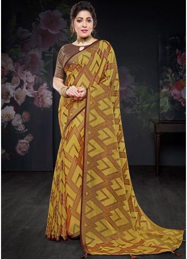 Yellow Brasso Georgette Saree With Silk Blouse