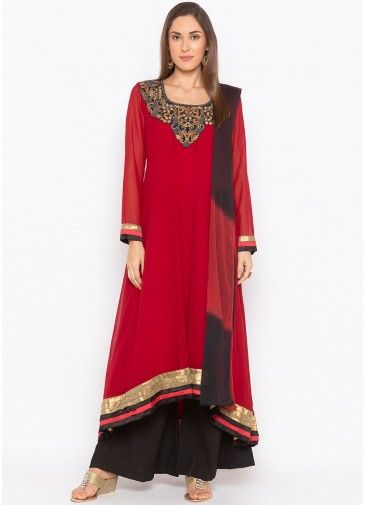 Readymade Maroon Embroidered Asymmetric Palazzo Suit Set