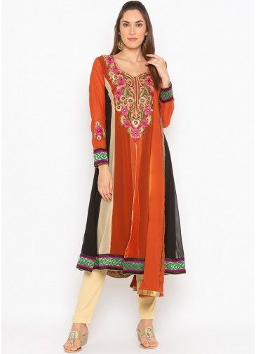 Readymade Orange Embroidered Slitted Suit