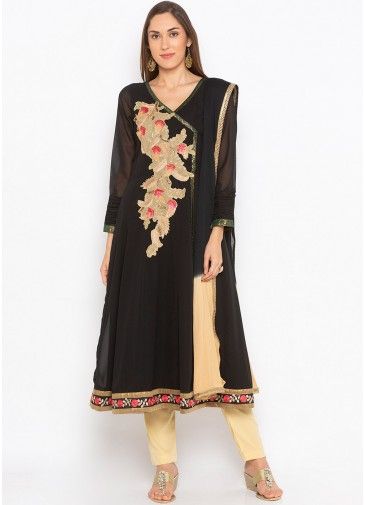 Readymade Black Angrakha Style Embroidered Suit