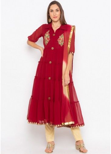 Readymade Maroon Embroidered Tiered Suit