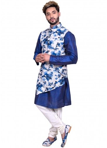 Blue Kurta Churidar With Digital Printed Nehru Jacket