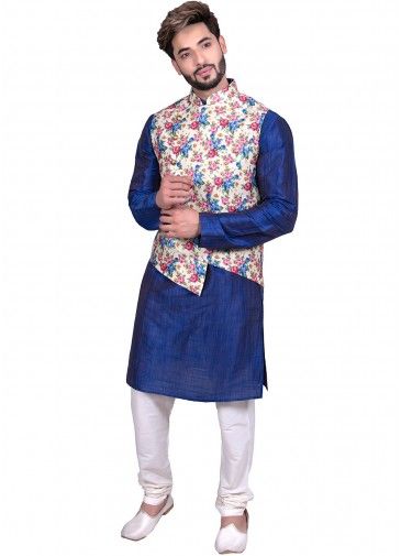 Blue Kurta Churidar Set With Floral Print Nehru Jacket
